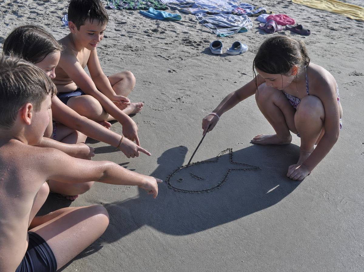 Dzieci grają w kalambury rysując patykiem na piasku plaży