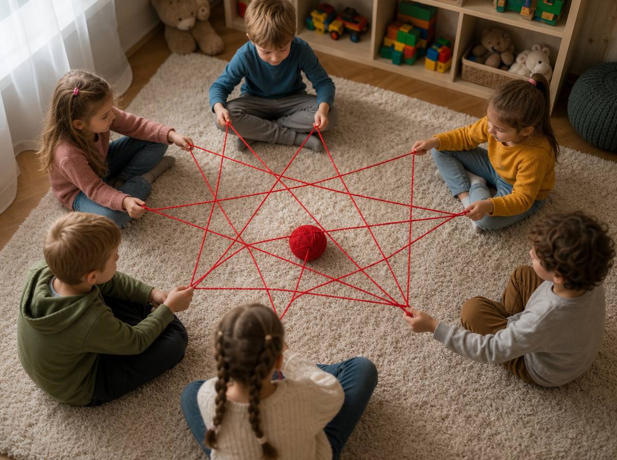 Dzieci w kręgu trzymające nitkę kłębka włóczki tworzącą pajęczynę - zabawa integracyjna