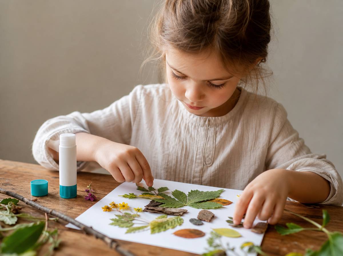 Dziecko przykleja liście i kawałki kory na kartce, tworząc kolaż z materiałów naturalnych