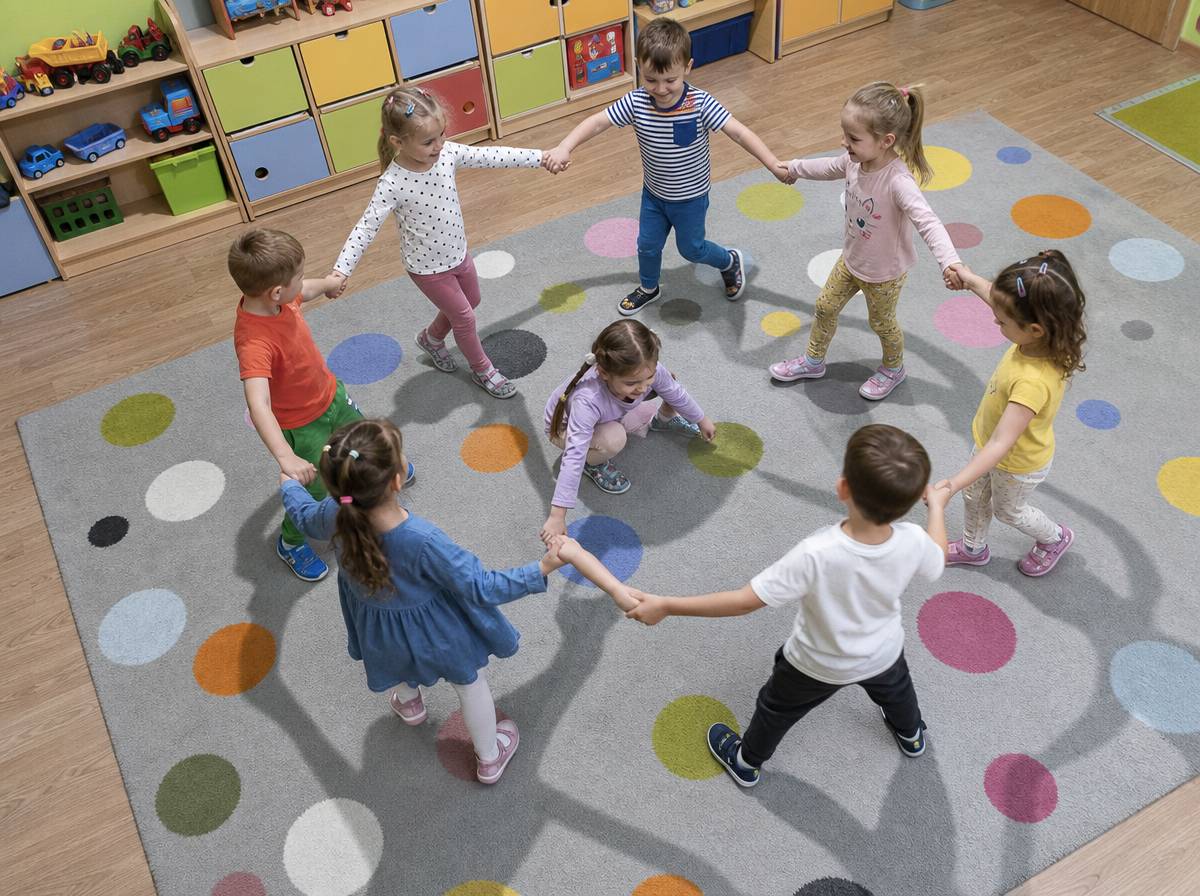 Dzieci trzymające się za ręce krążące w kole podczas zabawy Kółko graniaste