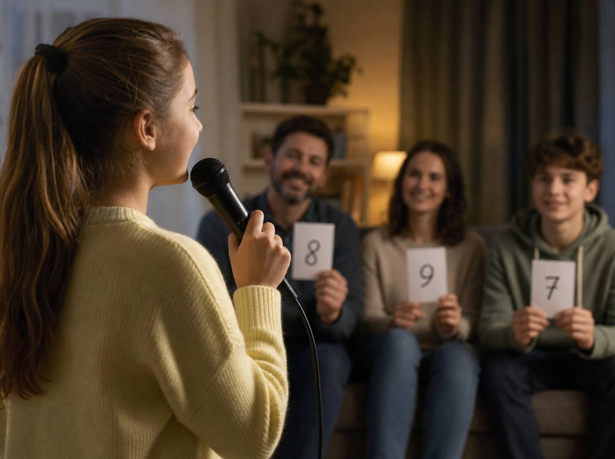 Dziecko śpiewa przed rodziną zasiadającą w roli jury podczas domowego konkursu talentów.