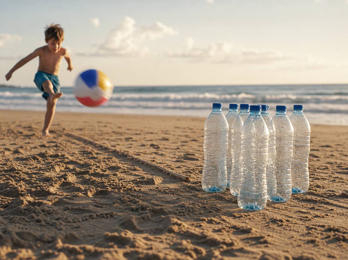 Dziecko gra w kręgle plażowe z plastikowymi butelkami na piasku