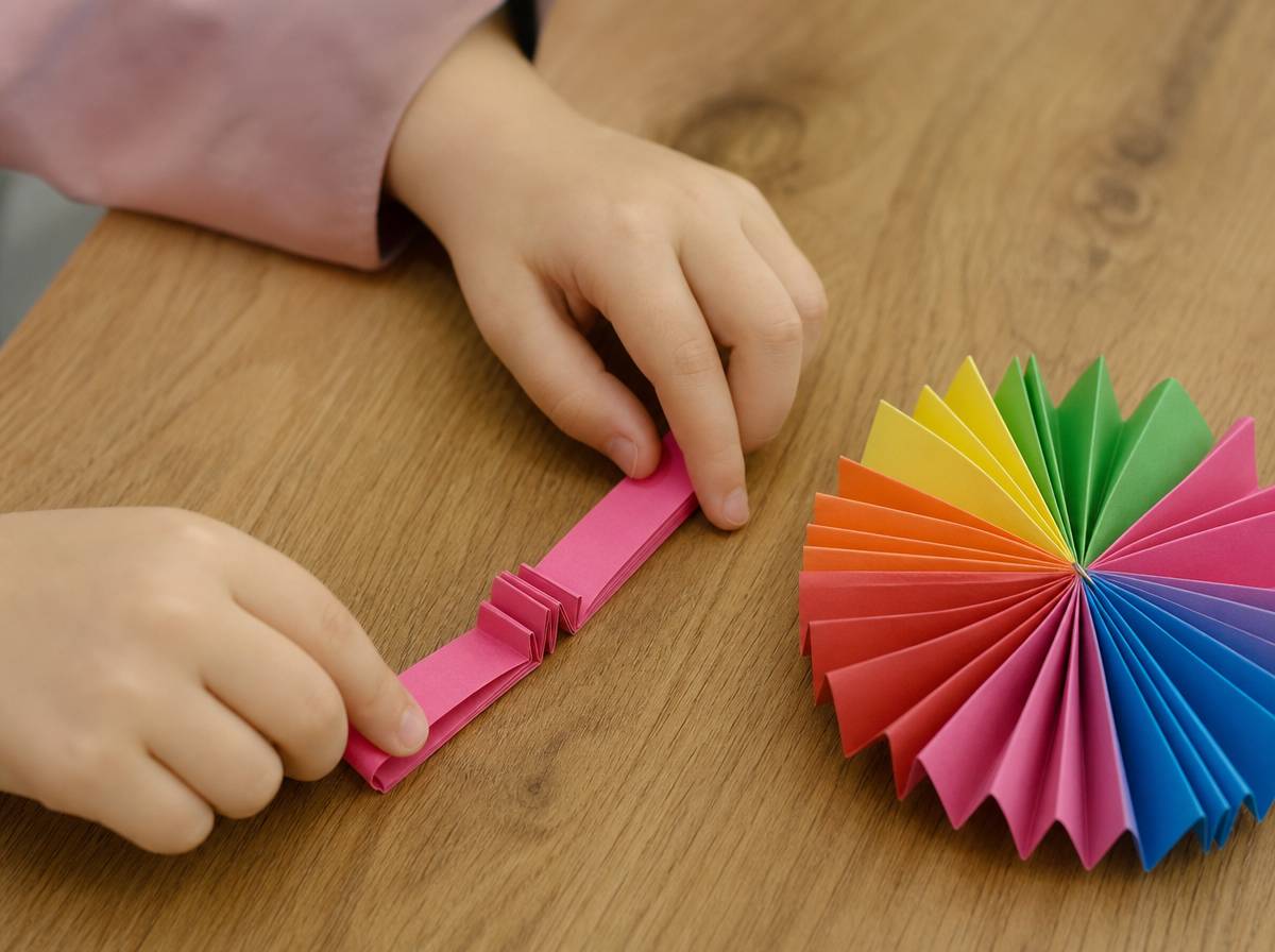 Dziecko składa pasek papieru w harmonijkę i rozkłada go w kwiat spięty pośrodku zszywką.