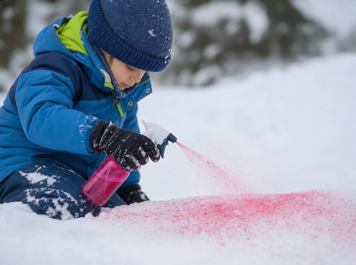 Dziecko spryskuje warstwę śniegu kolorowym barwnikiem z plastikowej butelki ze spryskiwaczem