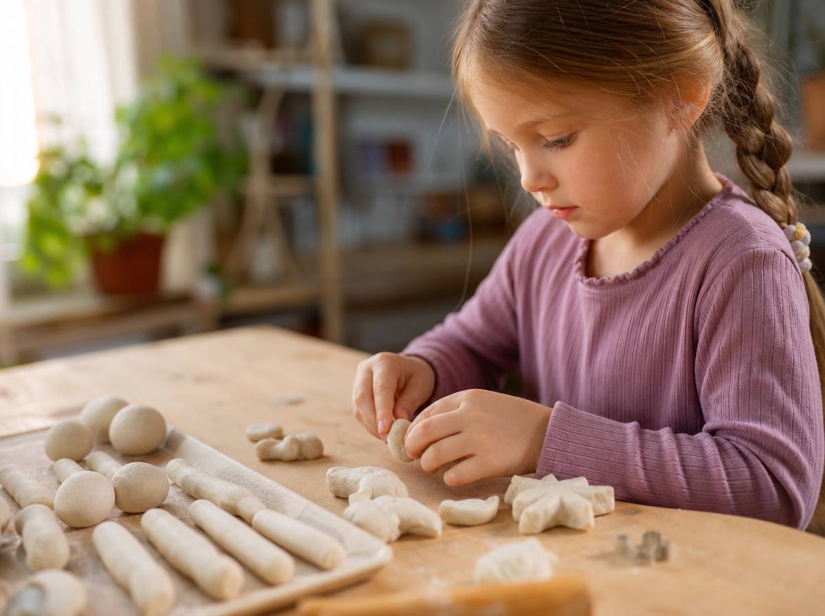 Dziecko formuje figurki z masy solnej z mąki, soli i wody na stole