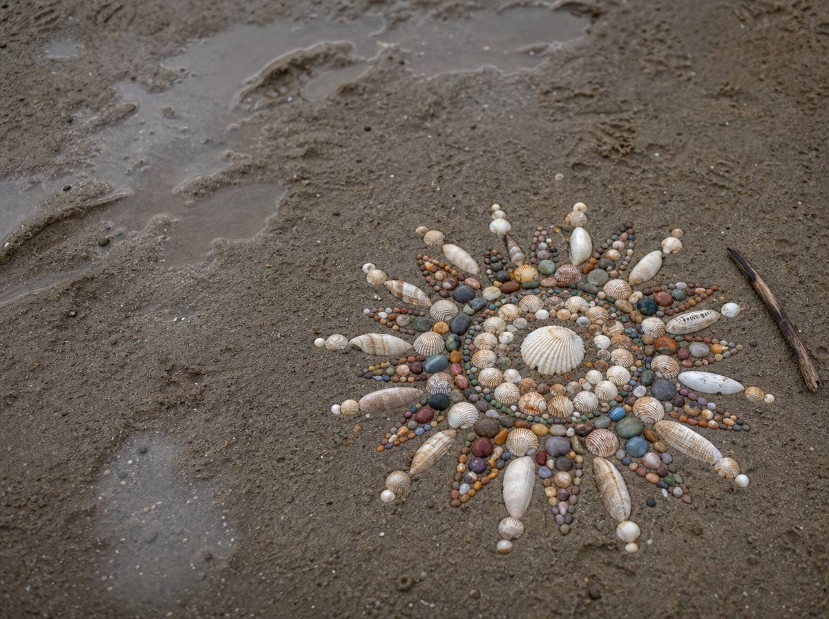 Mozaika z muszelek i kamyków ułożona na mokrym piasku plaży