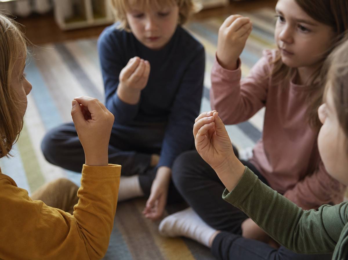 Dzieci w kręgu naśladujące zbieranie jagód podczas zabawy ruchowej