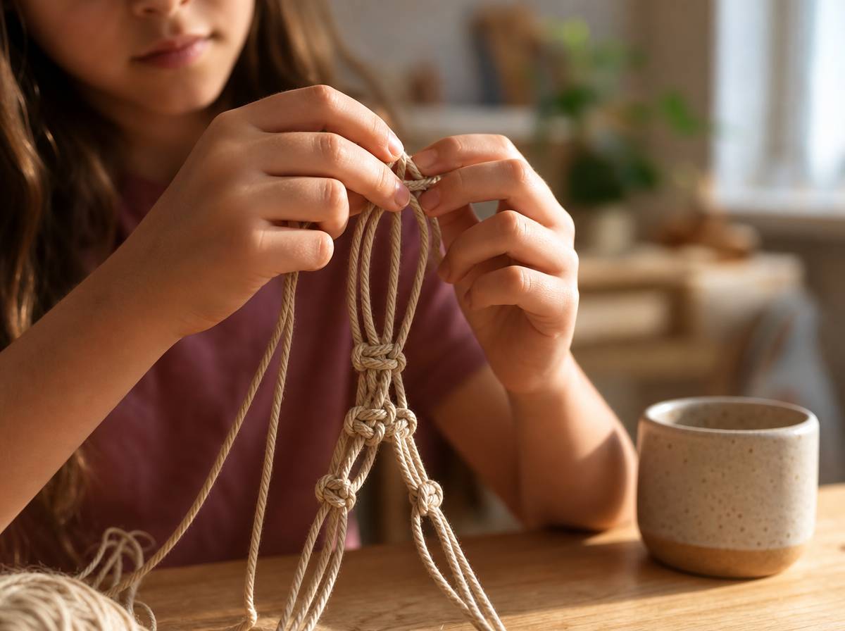 Nastolatka wiąże makramę na doniczkę jako pracę plastyczną dla starszych dzieci