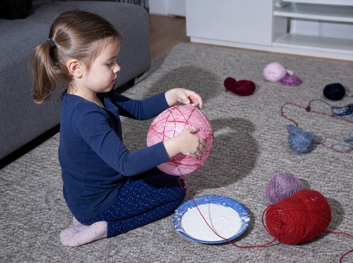 Dziecko nawija włóczkę na balonik, robiąc miękką bombkę DIY