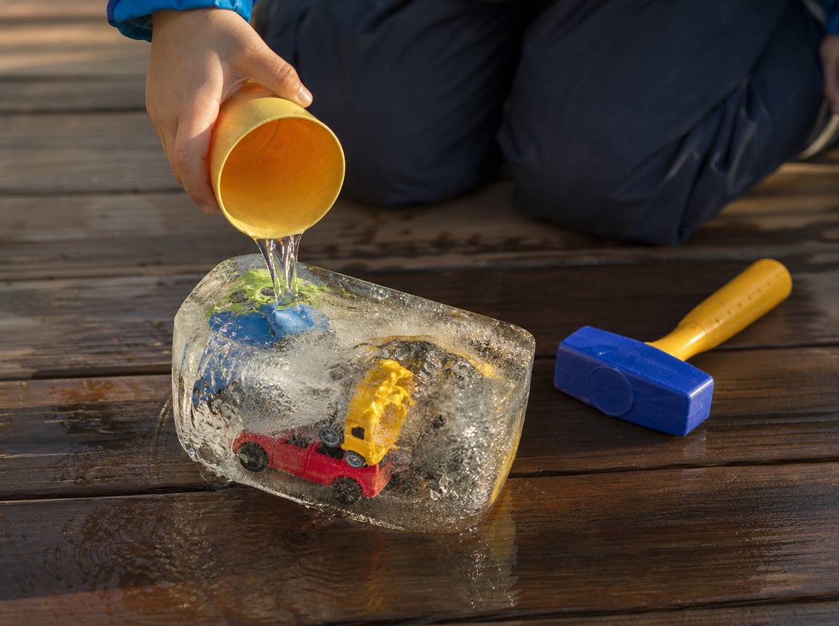 Dziecko odkopujące zabawki z bloku lodu ciepłą wodą i plastikowym młotkiem