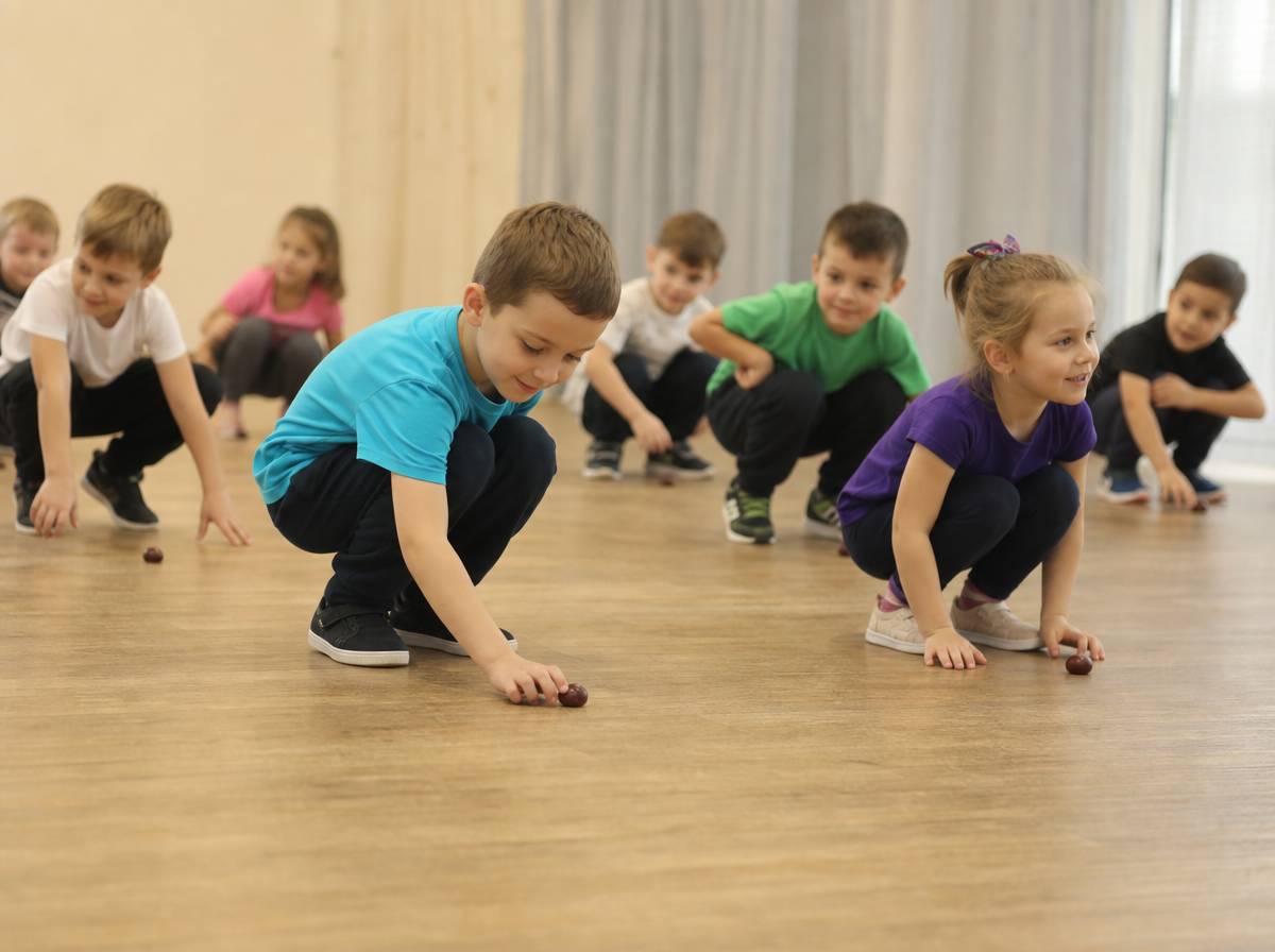 Dzieci przykucające jak grzyby podczas zabawy z komendami Ojciec Jesień mówi
