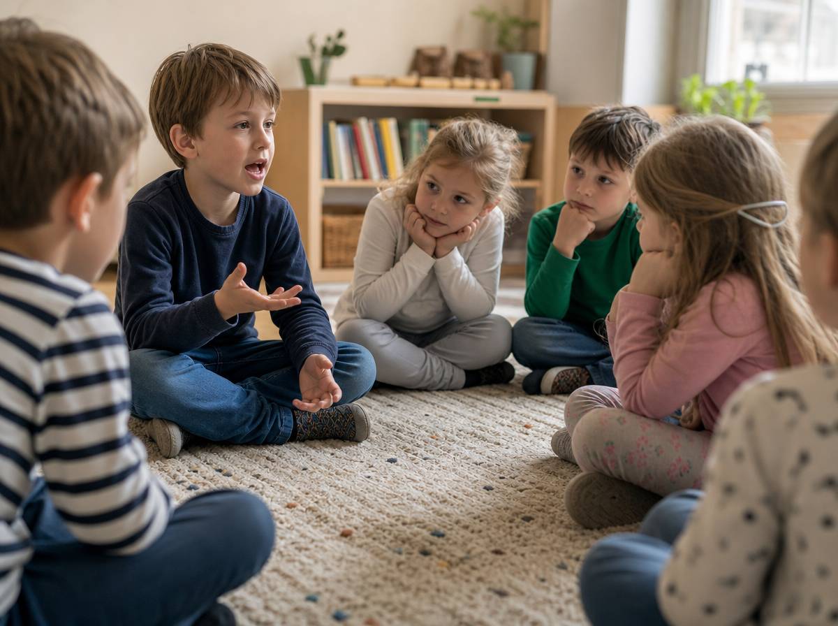 Dzieci w kręgu słuchające kolegi opowiadającego historię zdanie po zdaniu