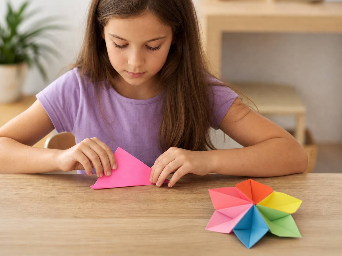 Dziecko składa kwadratowy papier w płatki kwiatu origami bez użycia kleju