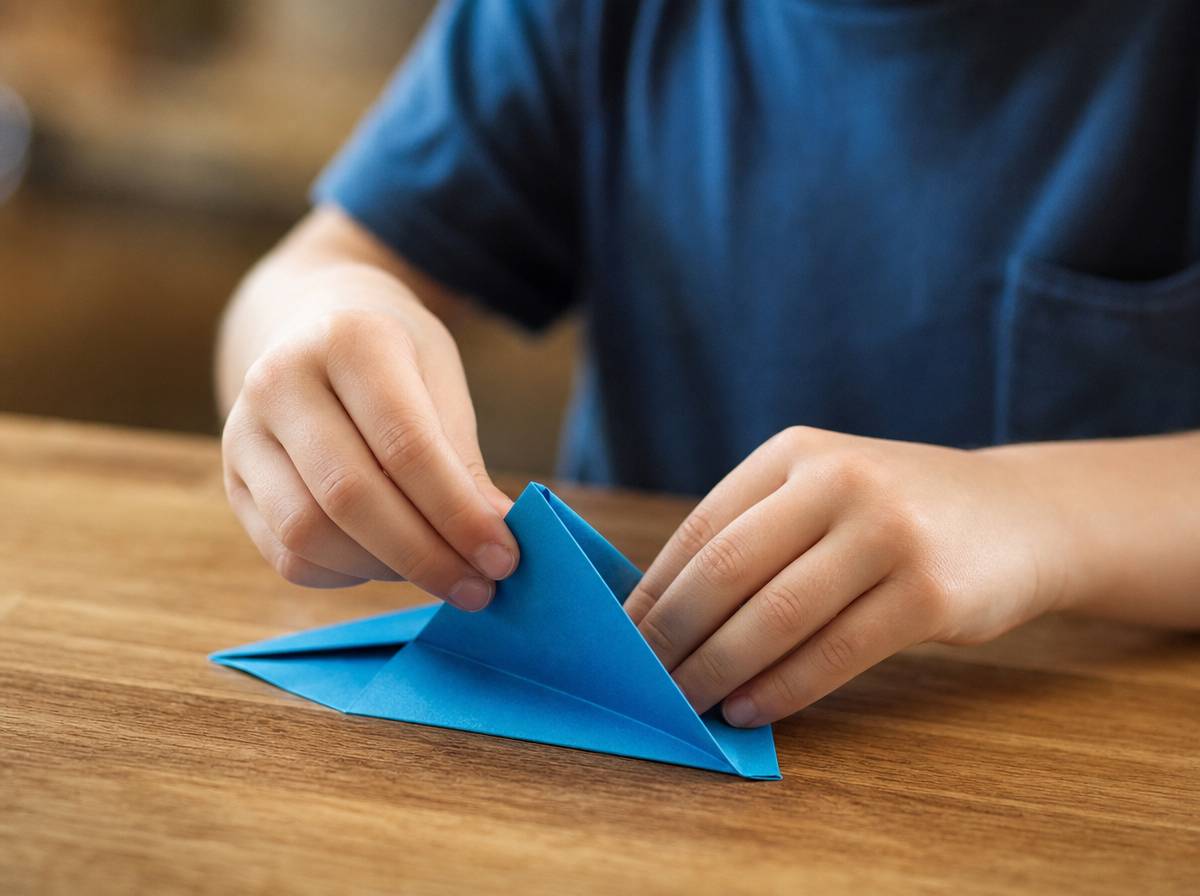 Dziecko składa kartkę papieru w model łódki podczas nauki origami