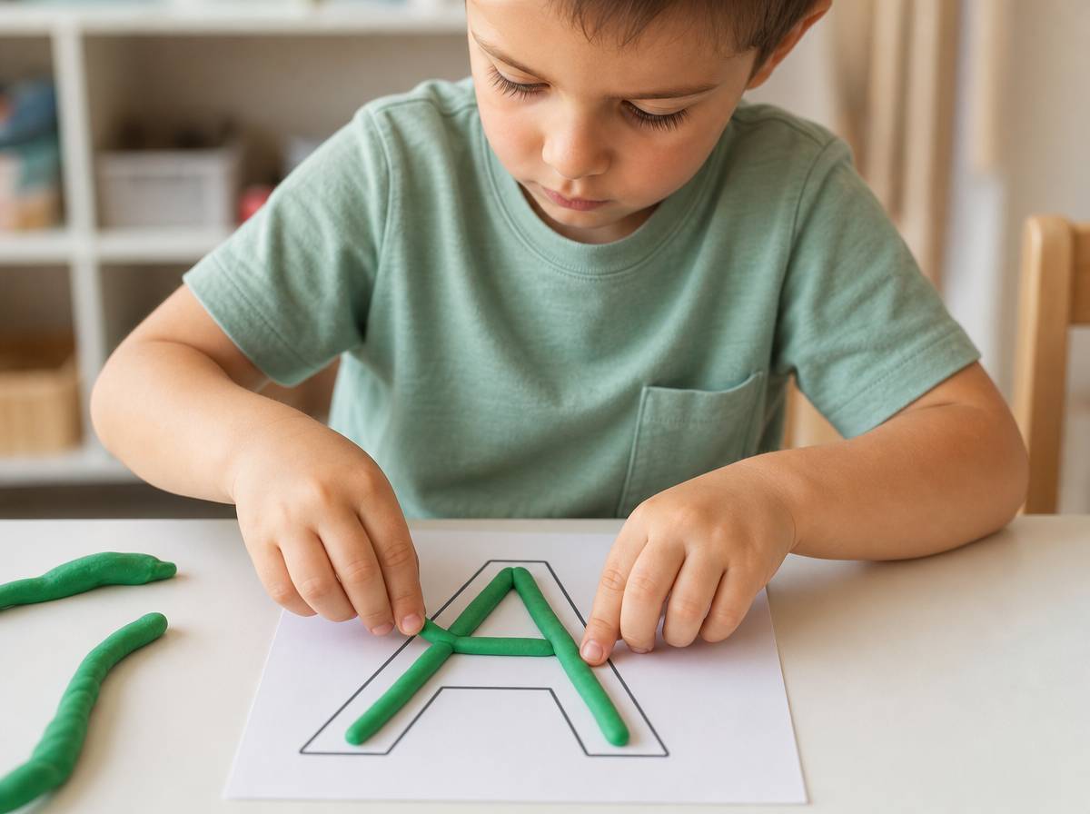Dziecko formuje literę z wałkowanego sznurka plasteliny na wydrukowanym wzorze