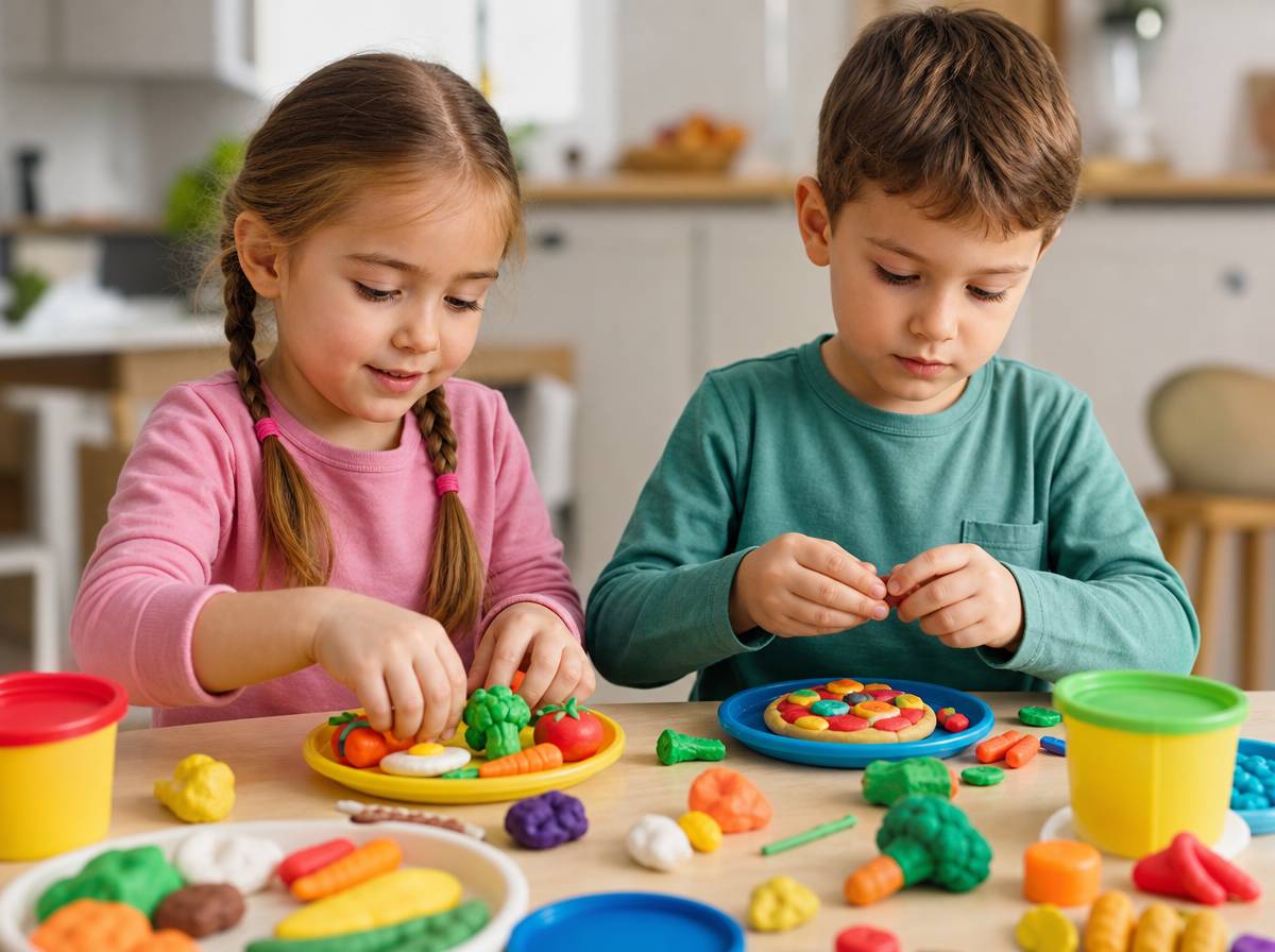 Dzieci układają plastelinowe jedzenie na plastikowych talerzykach podczas zabawy w kuchnię