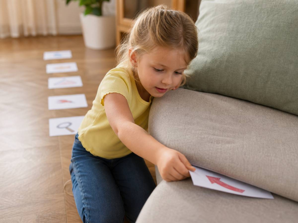 Dziecko odnajduje papierową wskazówkę pod poduszką podczas domowych podchodów
