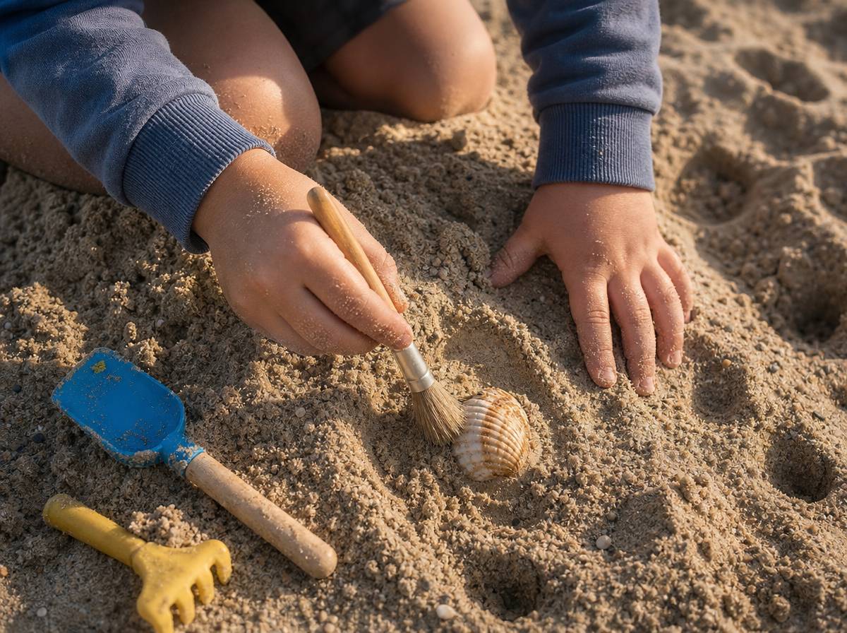 Dziecko odkopuje pędzelkiem zakopany skarb w piasku na plaży