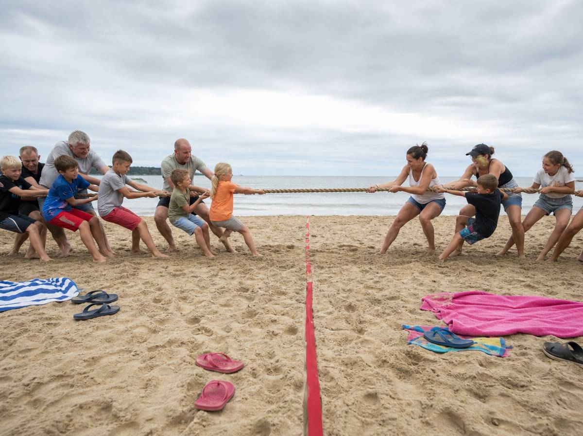 Przeciąganie grubej liny przez dwie drużyny na plaży