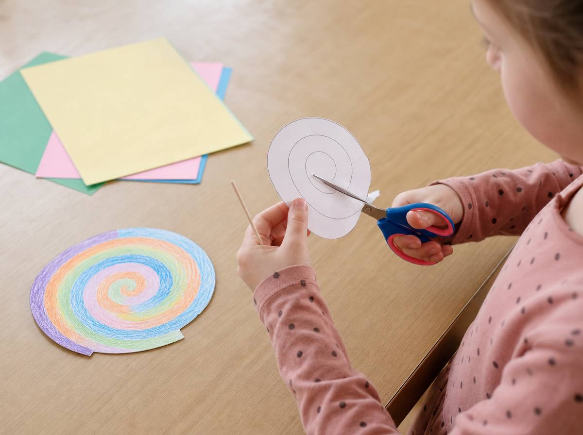 Dziecko wycina spiralę na papierowym kółku, przygotowując rozetę do nawinięcia na wykałaczkę