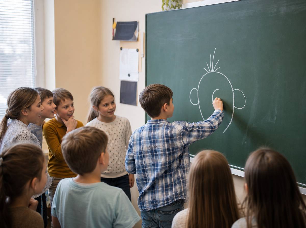 Uczeń rysuje na tablicy słowo bez liter, klasa zgaduje na podstawie rysunku