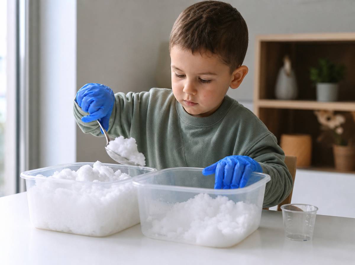 Dziecko przesypuje śnieg łyżką w plastikowej misce sensorycznej, mając na rękach ochronne rękawiczki.