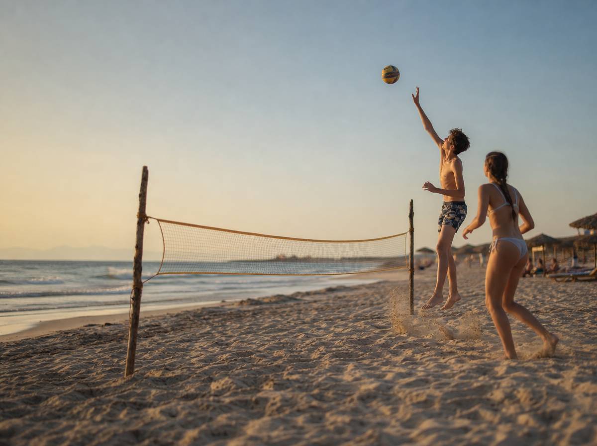 Nastolatkowie grający w siatkówkę plażową przy prowizorycznej siatce