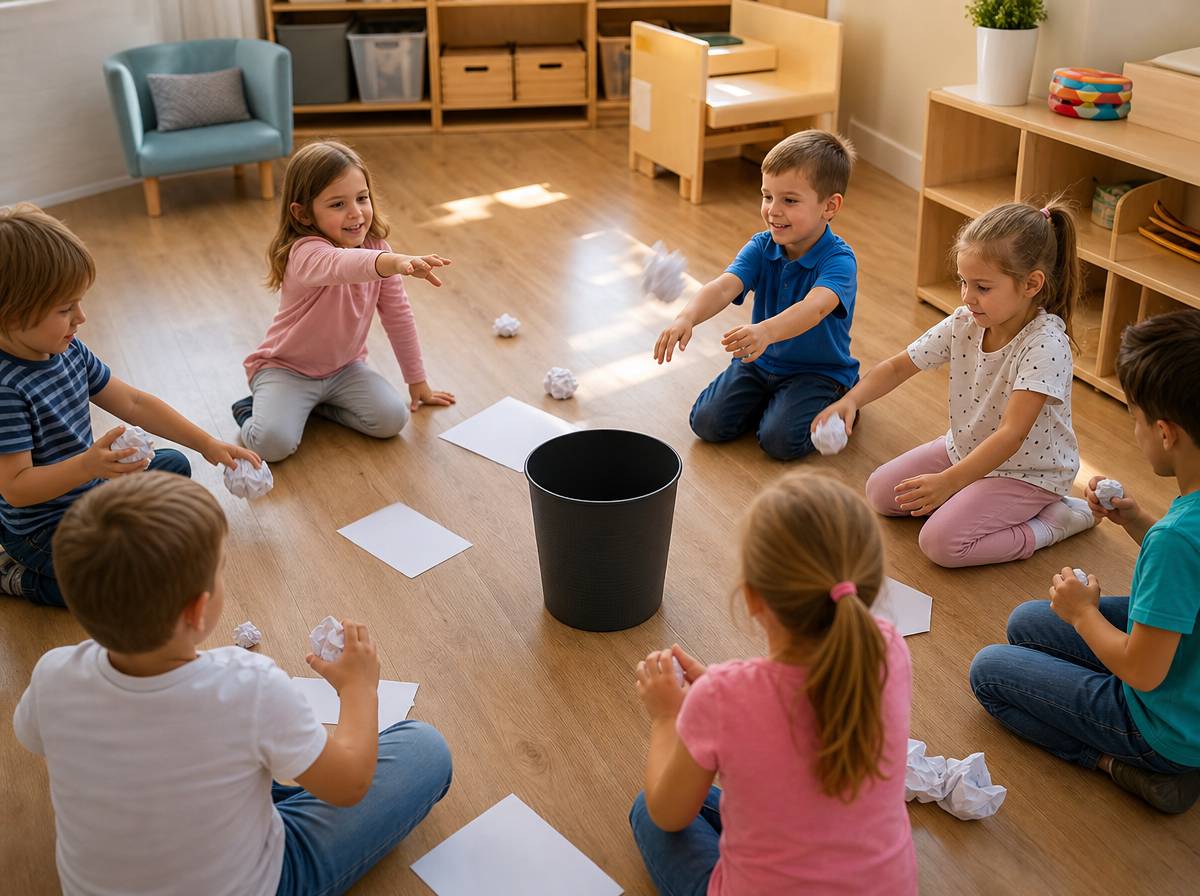 Dziecko zgniata kartkę papieru w kulkę, formując papierową śnieżkę do rzutu w koszyk.