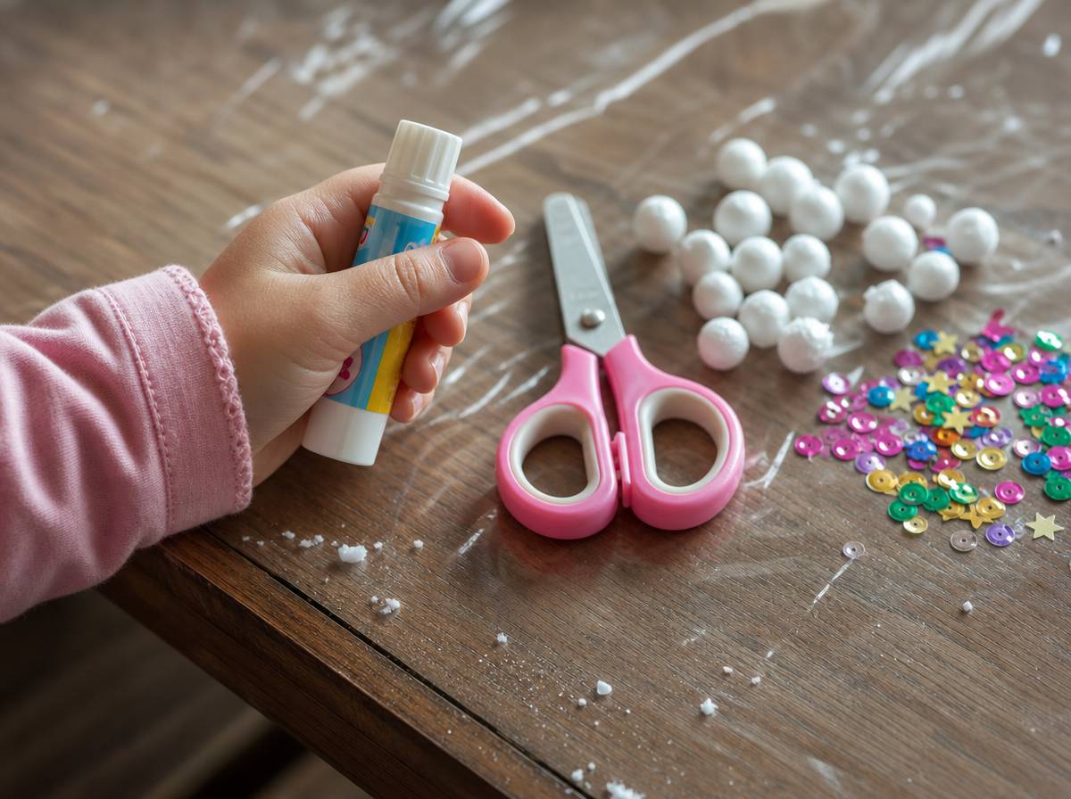 Dziecko sprawdza etykietę bezpieczeństwa na kleju do bombek DIY
