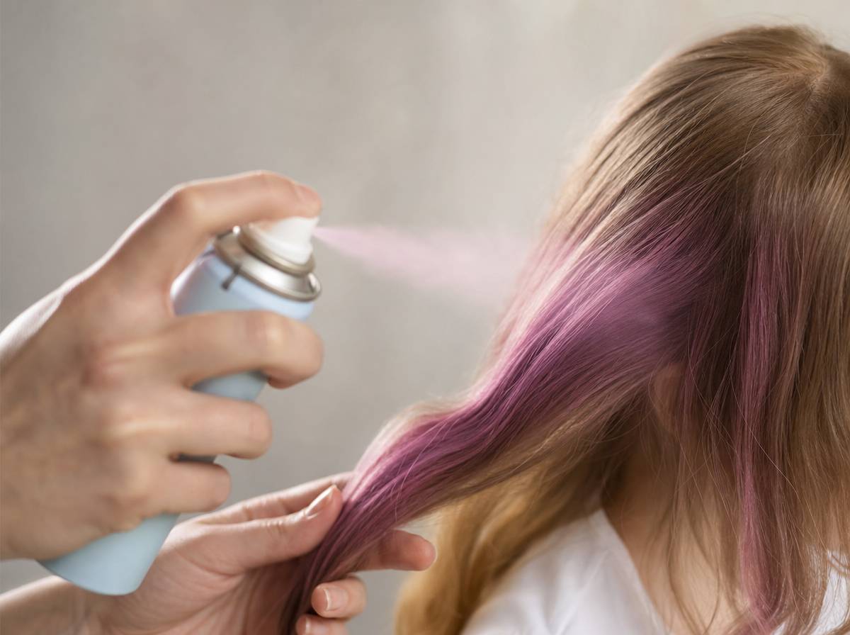 Spray koloryzujący rozpylany na suche pasmo włosów dziecka przed zaplotem