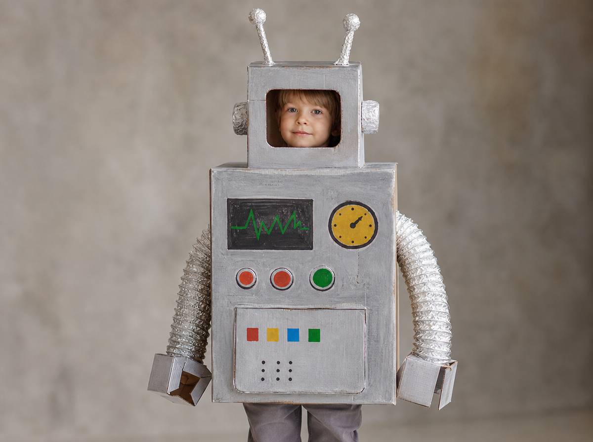 Dziecko w kartonowym stroju robota z pomalowanymi pokrętłami i elementami z folii aluminiowej