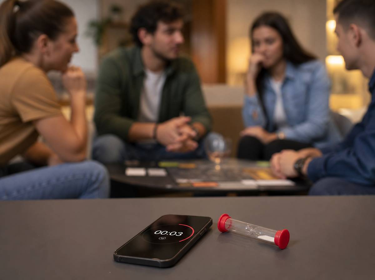 Telefon ze stoperem i klepsydra na 5 sekund podczas rundy szybkich pytań w kręgu znajomych