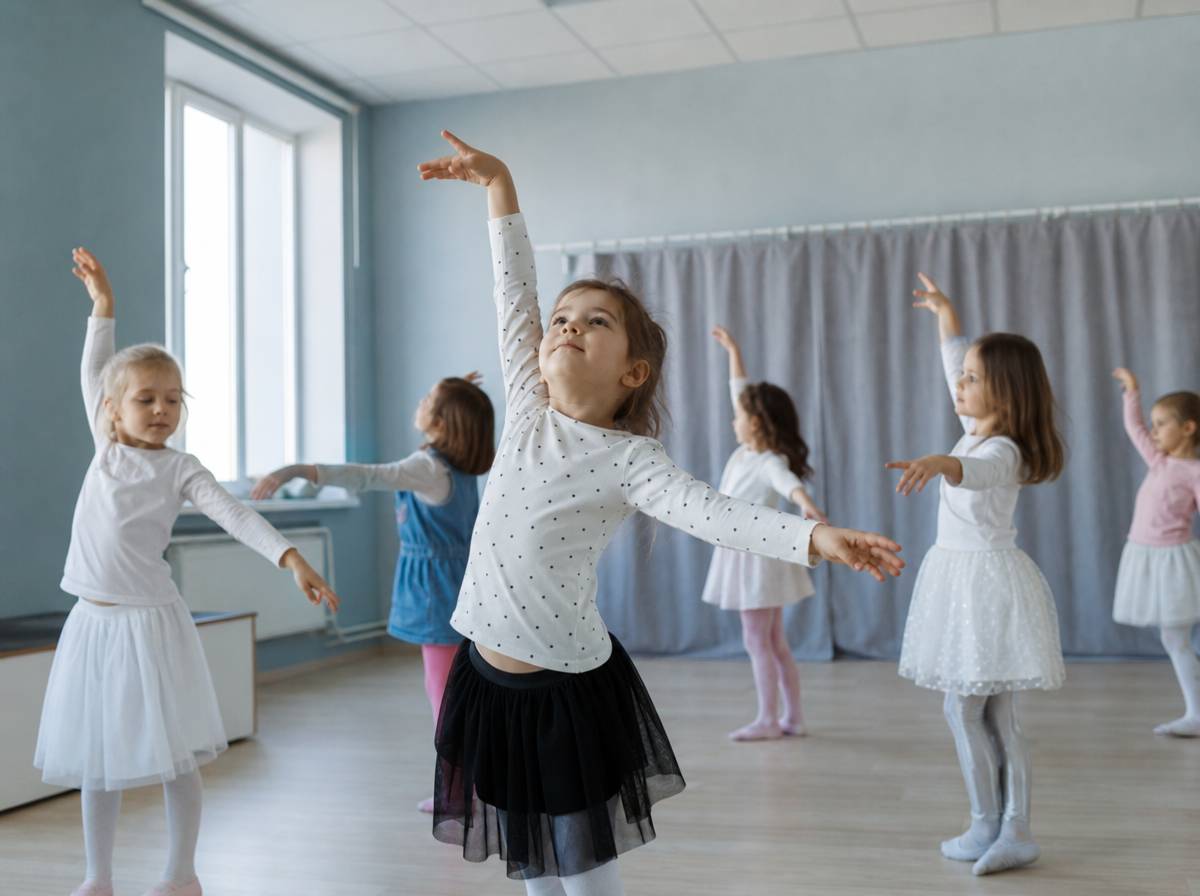 Dzieci naśladują opadanie płatków śniegu, wirując z uniesionymi rękami w rytm muzyki w sali zajęć.