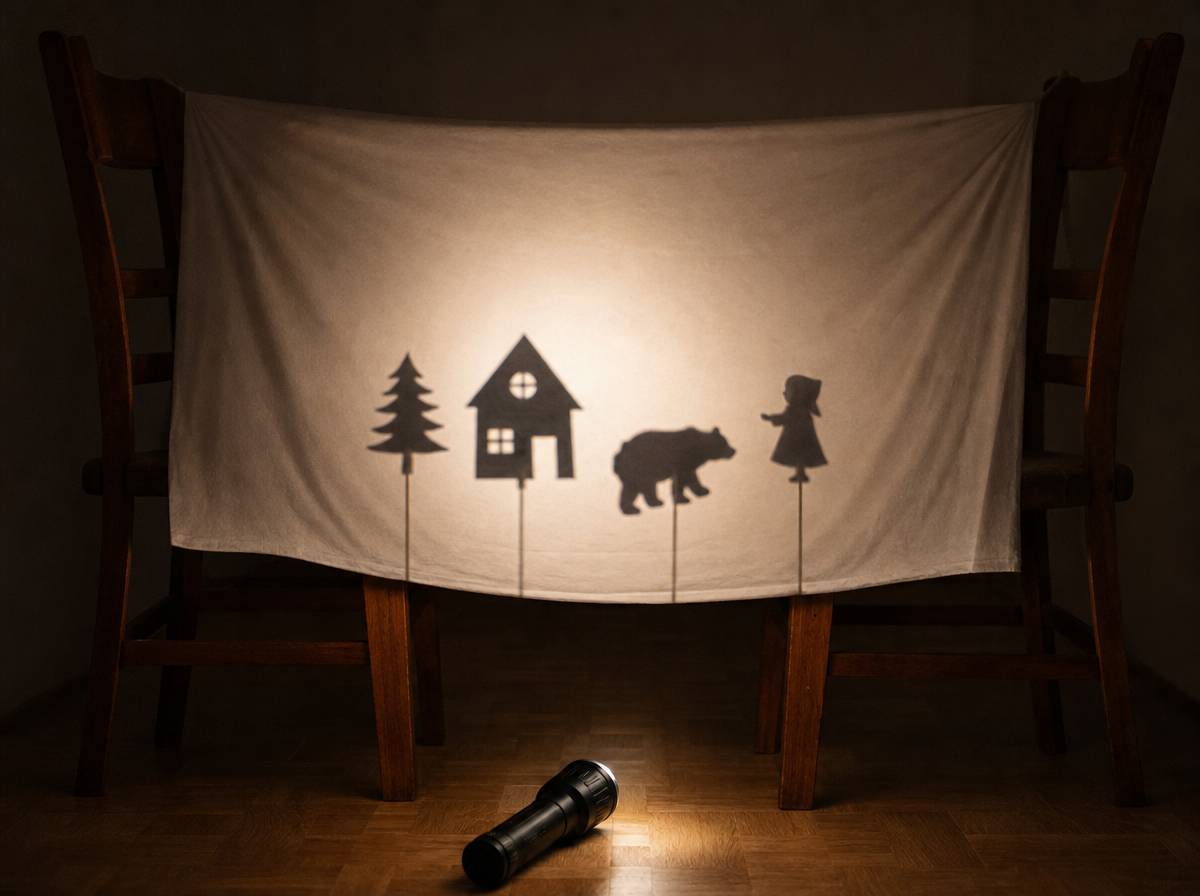 Latarka rzuca cień papierowych figurek na prześcieradło podczas teatrzyku cieni