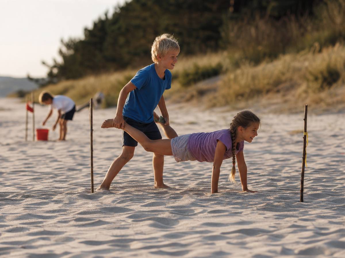 Dzieci pokonują stację z taczką podczas toru przeszkód na plaży