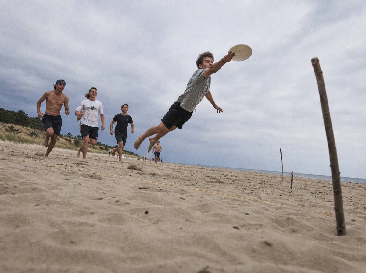 Nastolatkowie grający w Ultimate Frisbee na wyznaczonym boisku plażowym