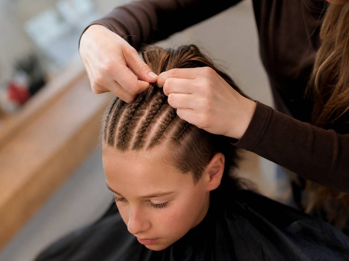 Plecenie płaskich warkoczyków cornrows na głowie chłopca przez fryzjerkę