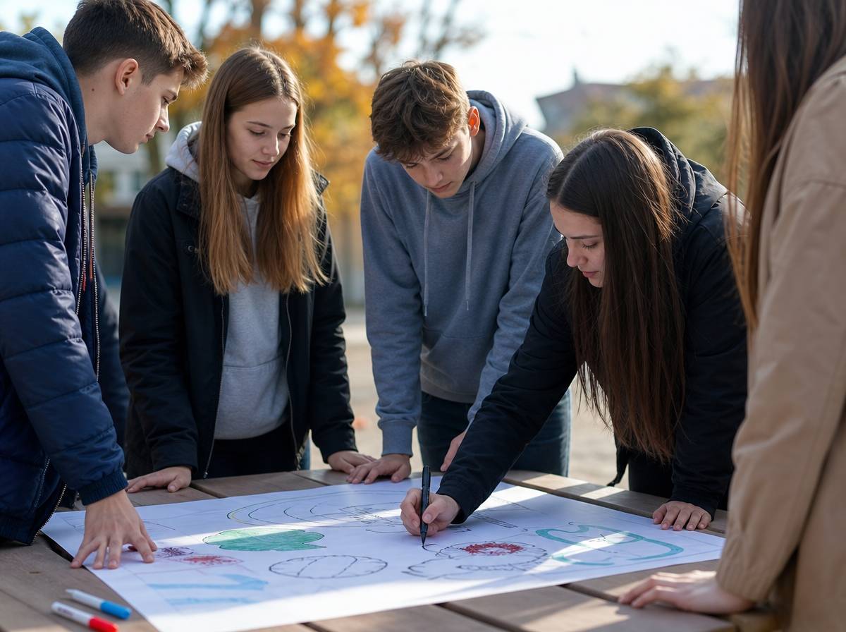 Uczniowie dorysowują pojedyncze elementy na wspólnym arkuszu podczas rysunku grupowego