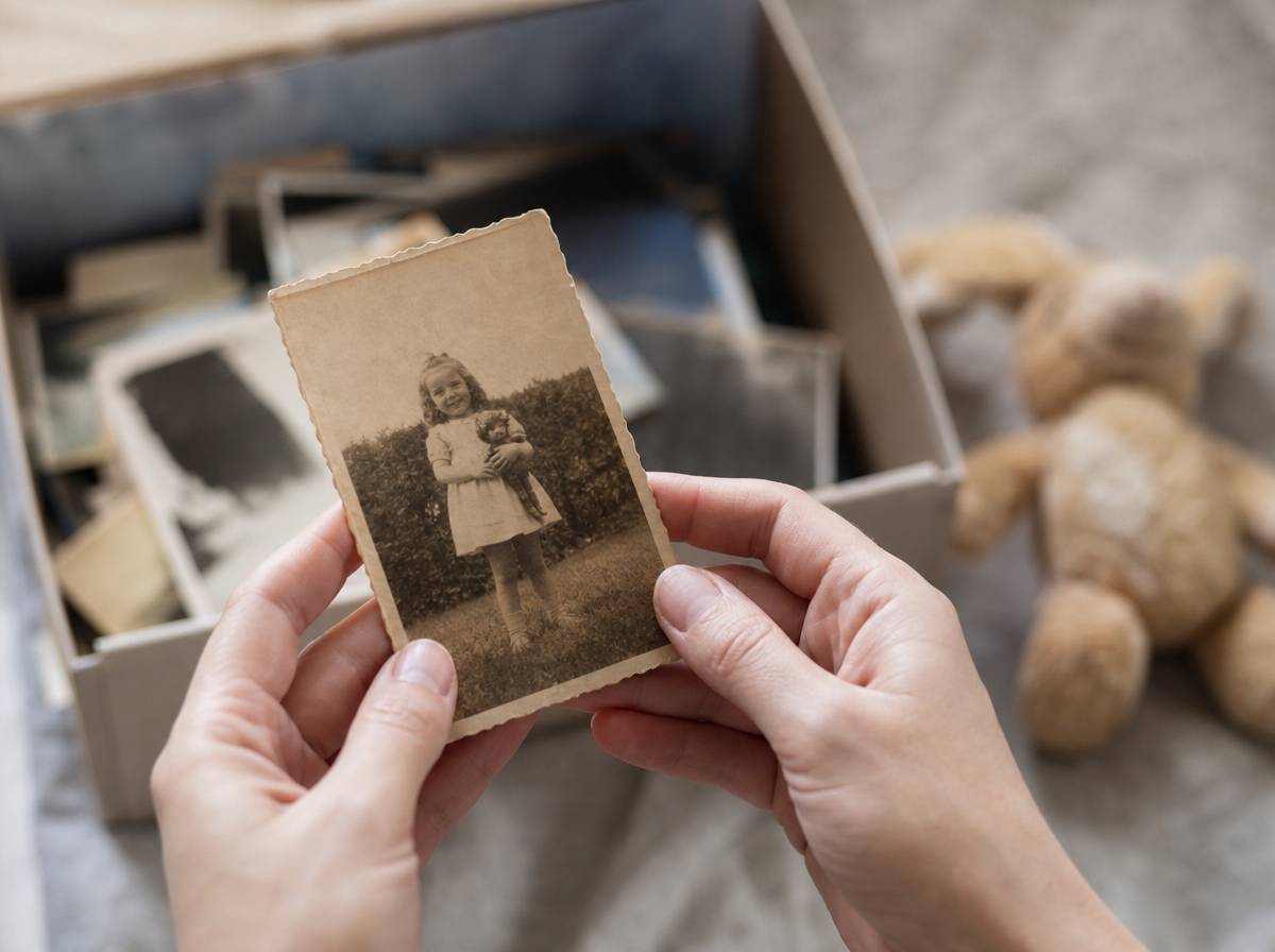 Dłonie trzymają stare zdjęcie z dzieciństwa nad pudełkiem pełnym fotografii i pluszowym zwierzakiem.