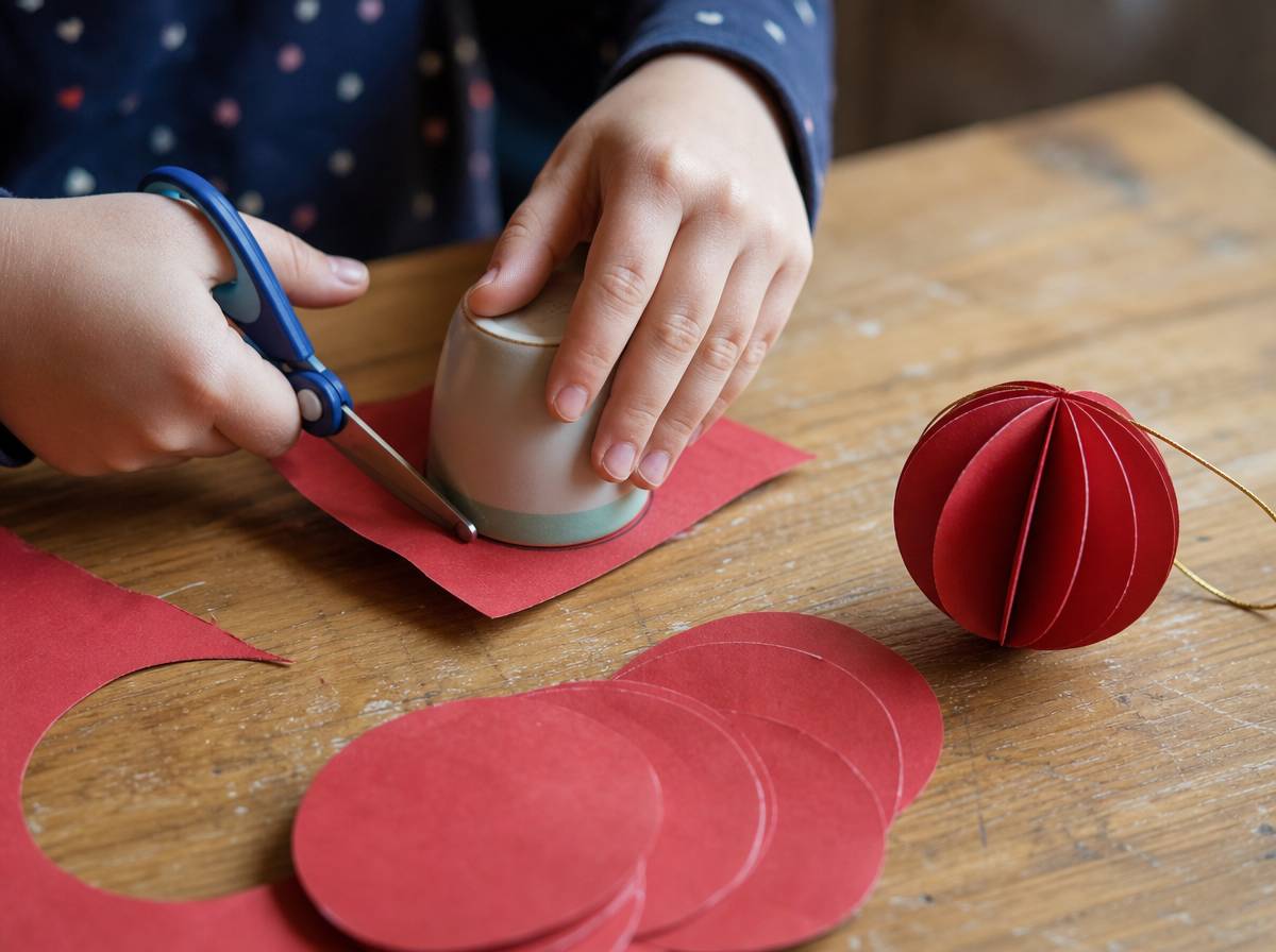 Dziecko wycina kółka z papieru do złożenia papierowej bombki 3D