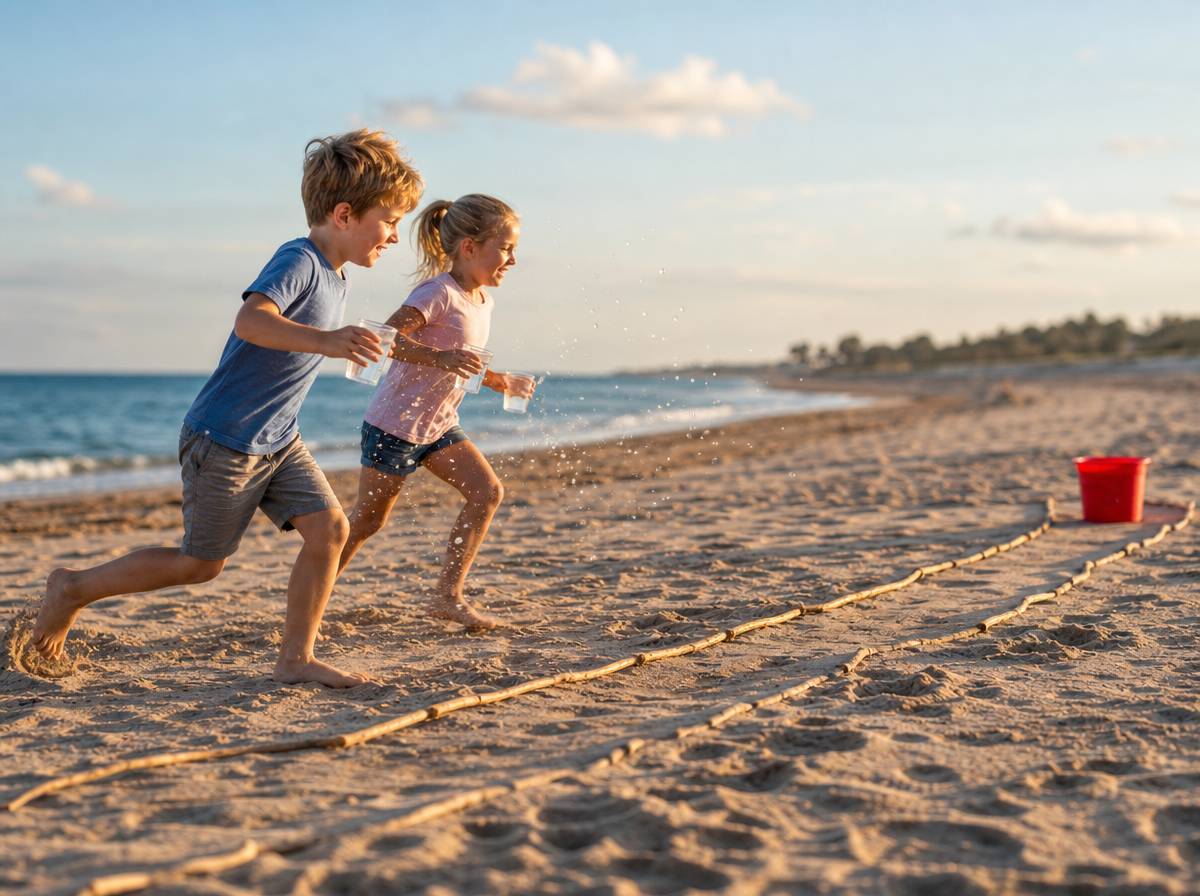 Dzieci biegną z kubeczkami wody podczas wyścigu na plaży