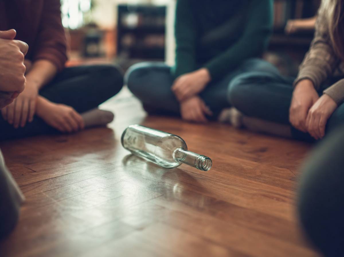 Szklana butelka leżąca na podłodze wskazuje szyjką jedną z osób siedzących w kręgu podczas gry.