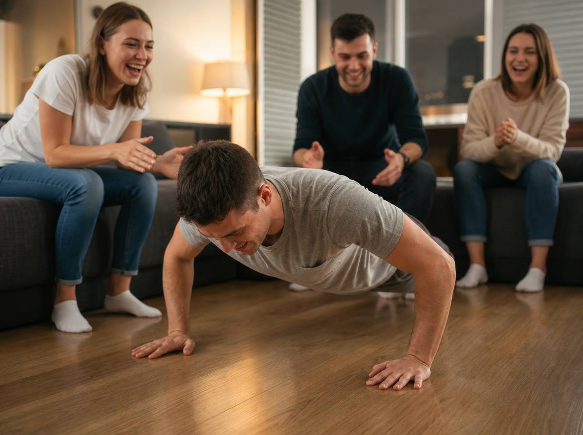 Uczestnik wykonuje pompki na oczach grupy podczas rundy wyzwań fizycznych