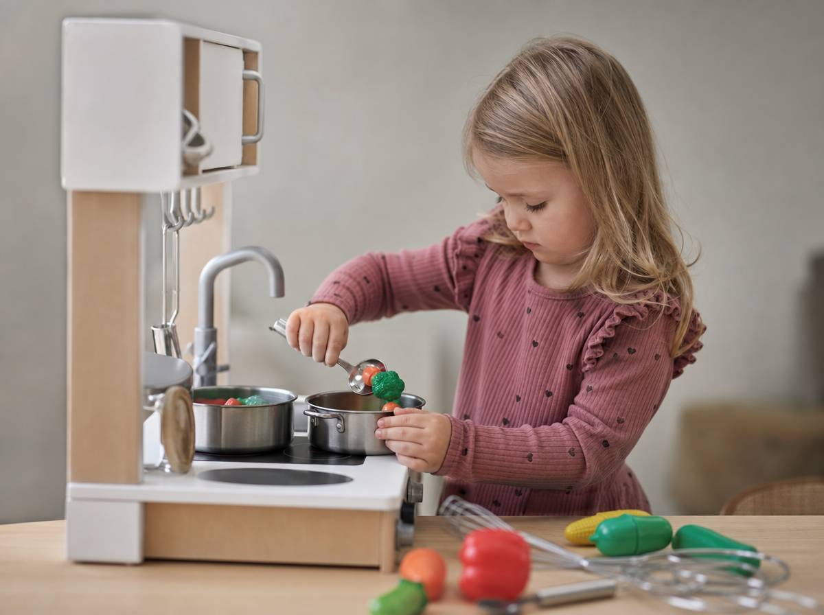 Dziecko przekłada plastikowe warzywa łyżką między garnkami zabawkowej kuchenki