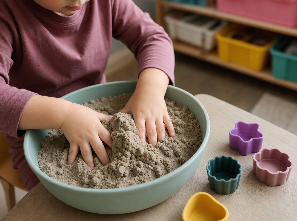 Dziecko bawi się piaskiem kinetycznym podczas zabawy sensorycznej