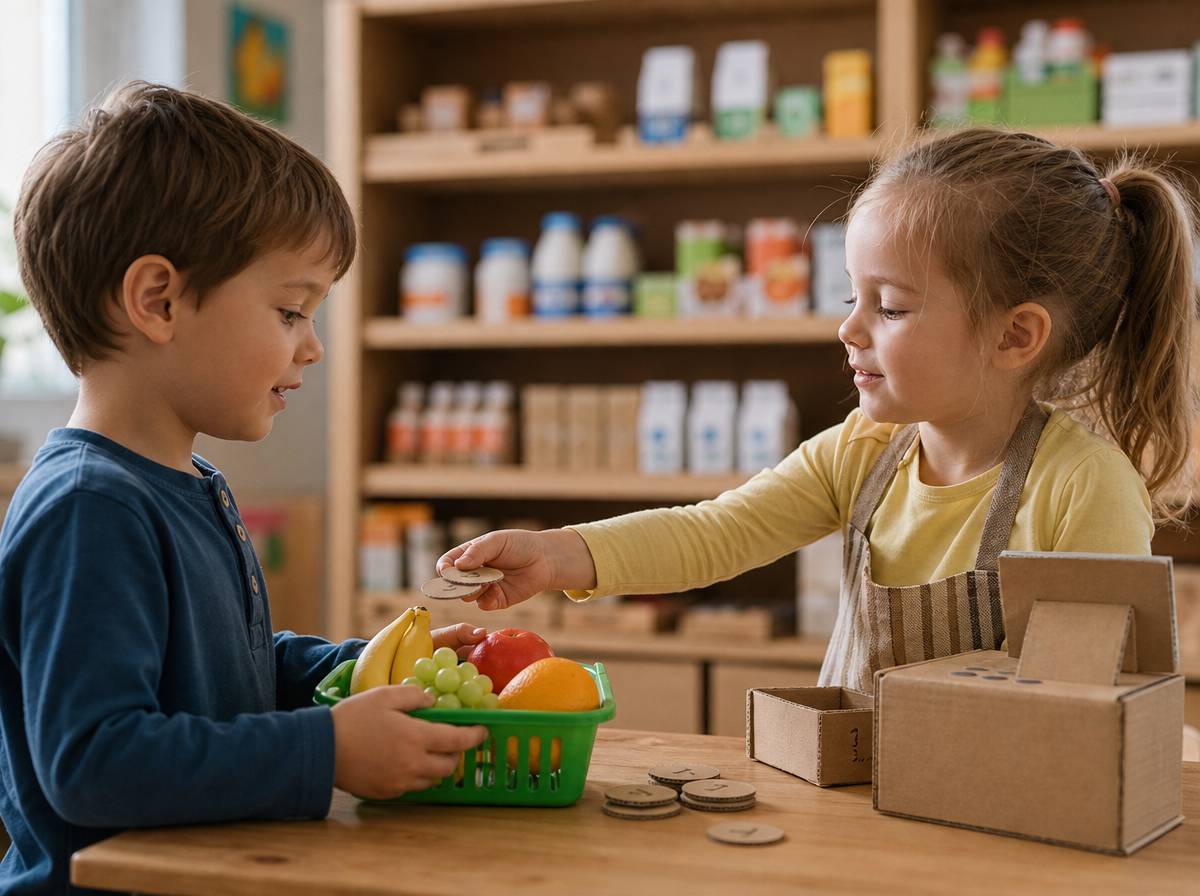 Dzieci odgrywają zabawę w sklep przy drewnianym stoliku