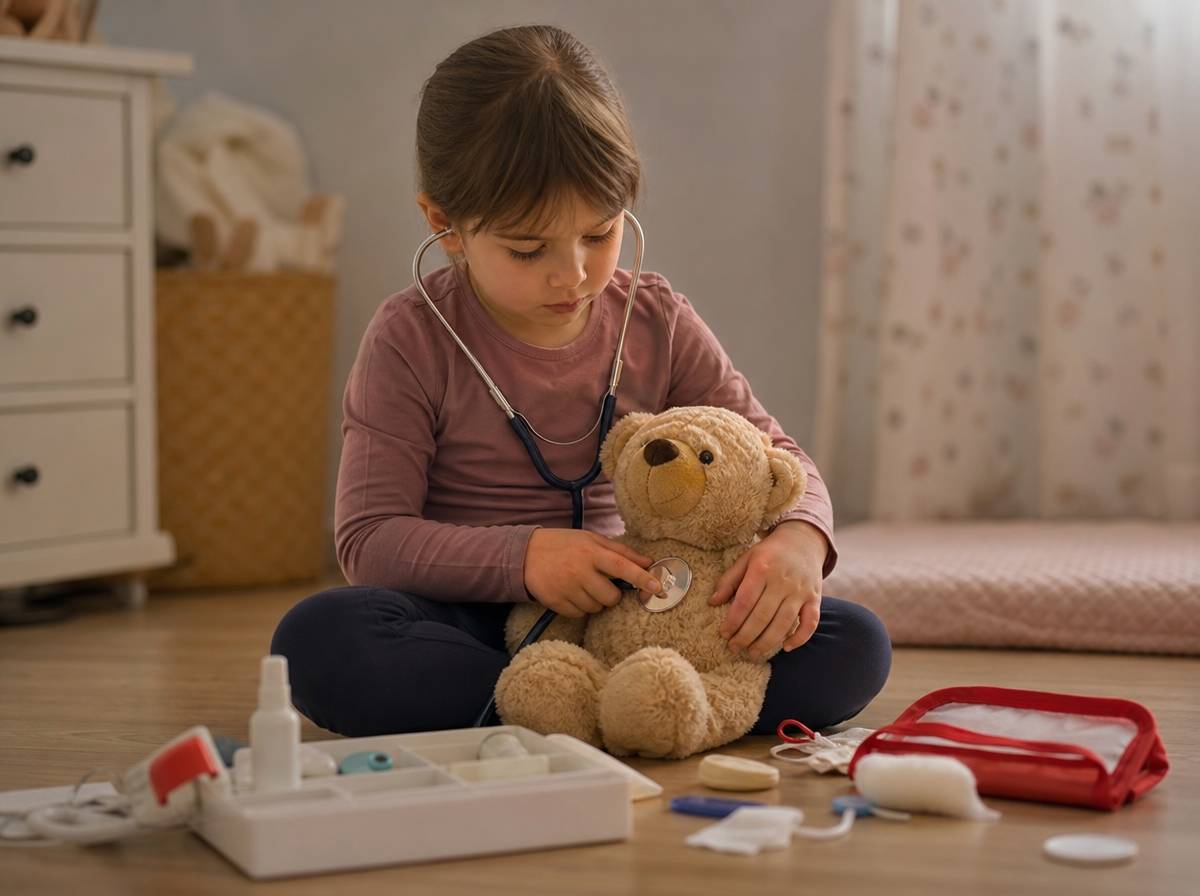 Dziecko powtarza ten sam gest badania pluszaka zestawem lekarskim, widoczne napięcie