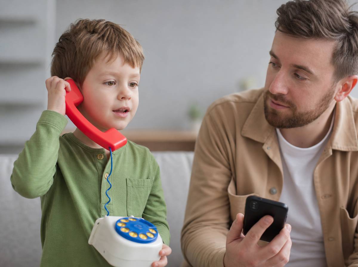 Dziecko trzyma zabawkowy telefon przy uchu i mówi do słuchawki, siedząc obok rodzica