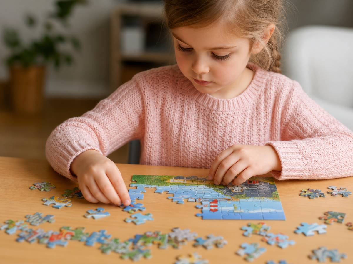 Dziecko układa elementy kolorowych puzzli tematycznych na stoliku
