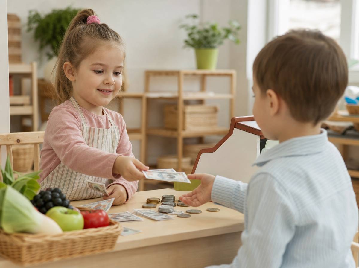Dziecko liczy zabawkowe monety i wydaje resztę w zabawie w sklep